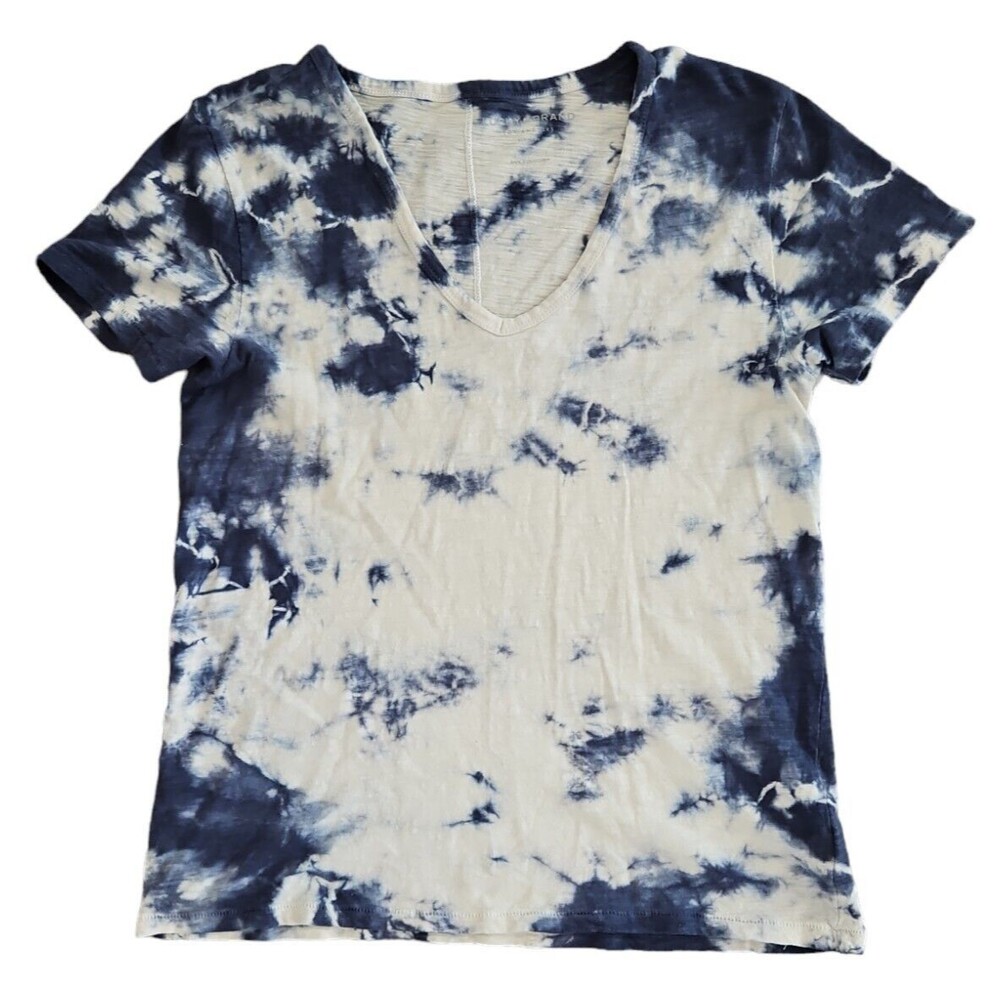 Lucky Brand Top Womens Small White Blue Tie Die V-Neck Shirt 100 Cotton Short